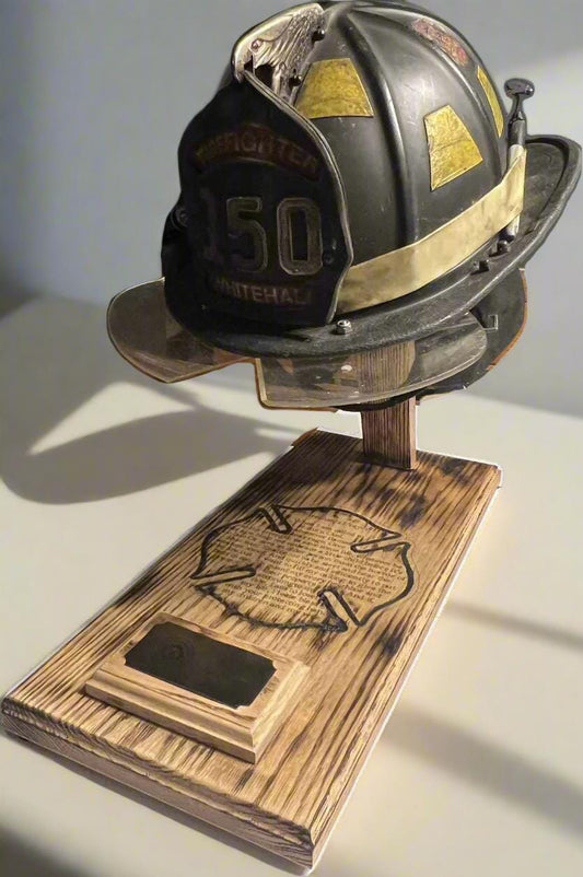 Wood Fire Fighter Helmet Display with a Laser engraved Maltese cross with incorporated fireman's prayer with a personalized brass name plate
