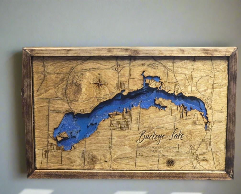 Wooden 3D Depth Map of Buckeye Lake, Ohio **FREE SHIPPING**