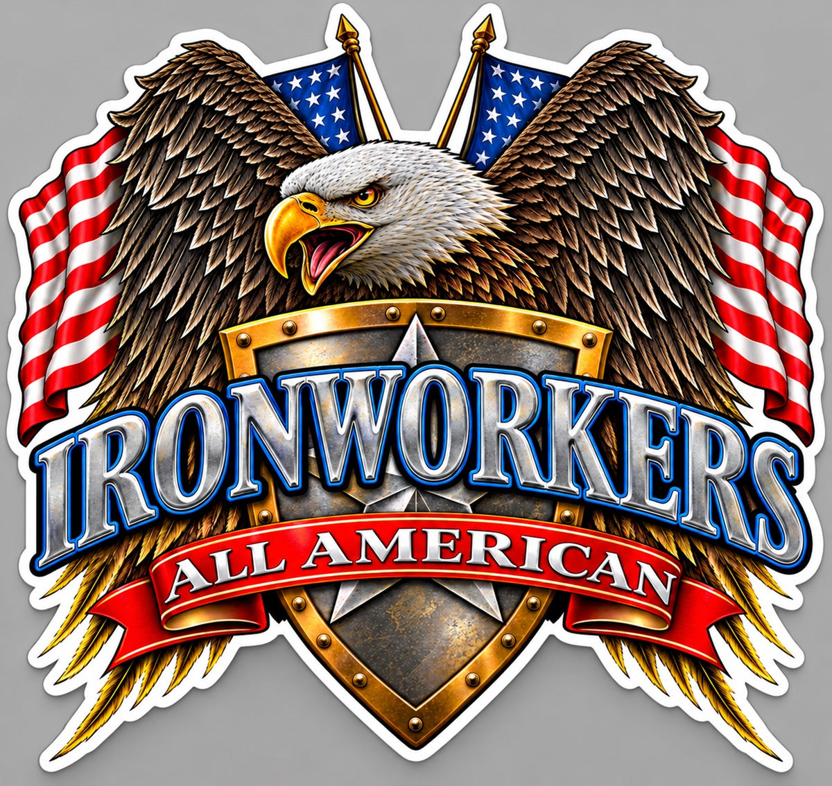 Ironworkers All American decal with bald eagle, American flags, and a gold shield on gray