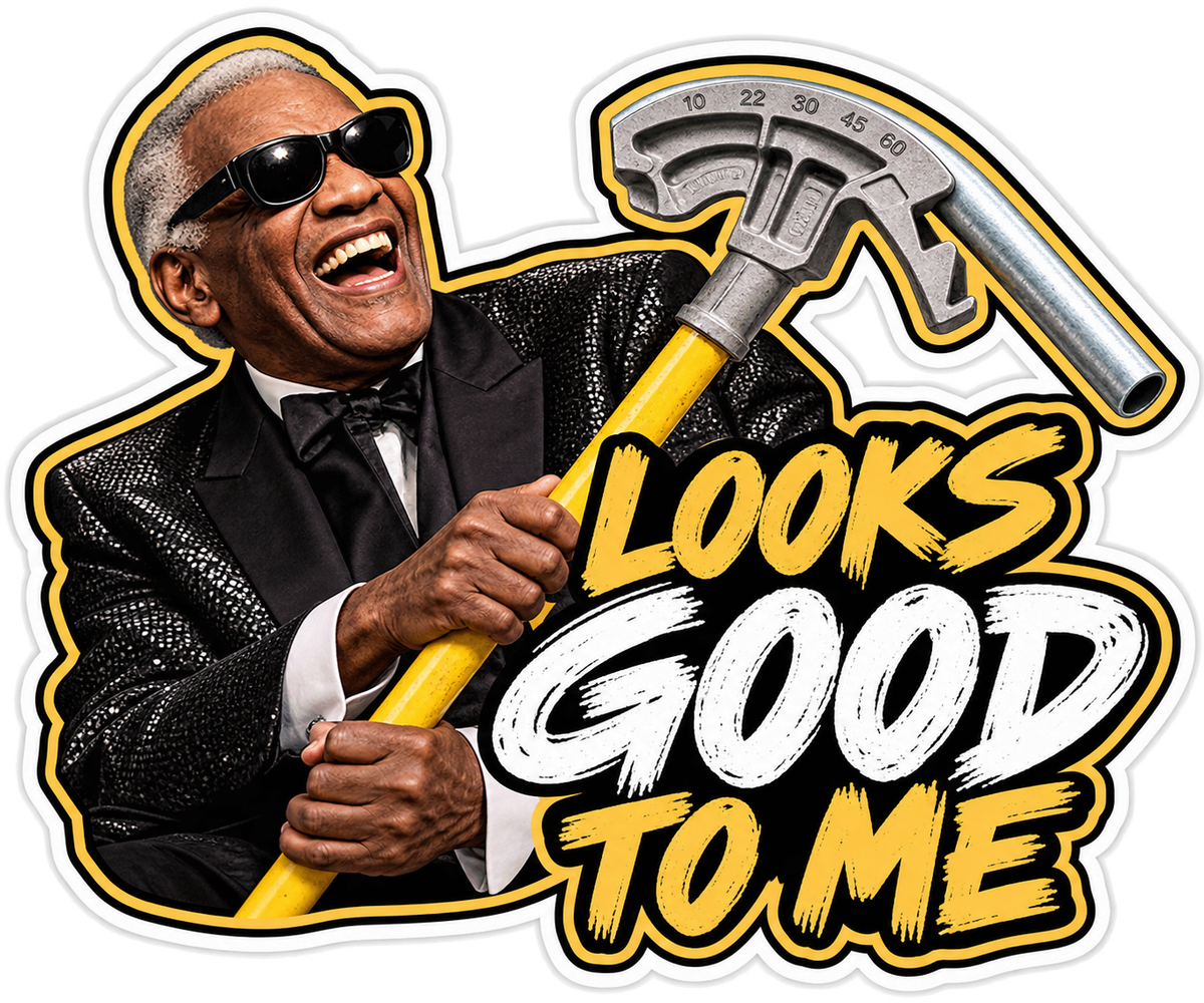 Looks Good to Me conduit bender sticker in black, white, and gold