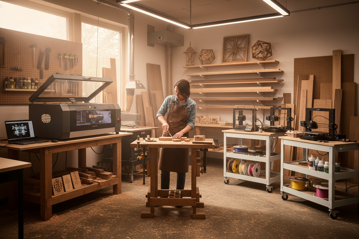 make a realistic image of a person working in a wood shop with a laser engraving machine on one side of the room and 3d printers in the other side of the room setting on white tool carts