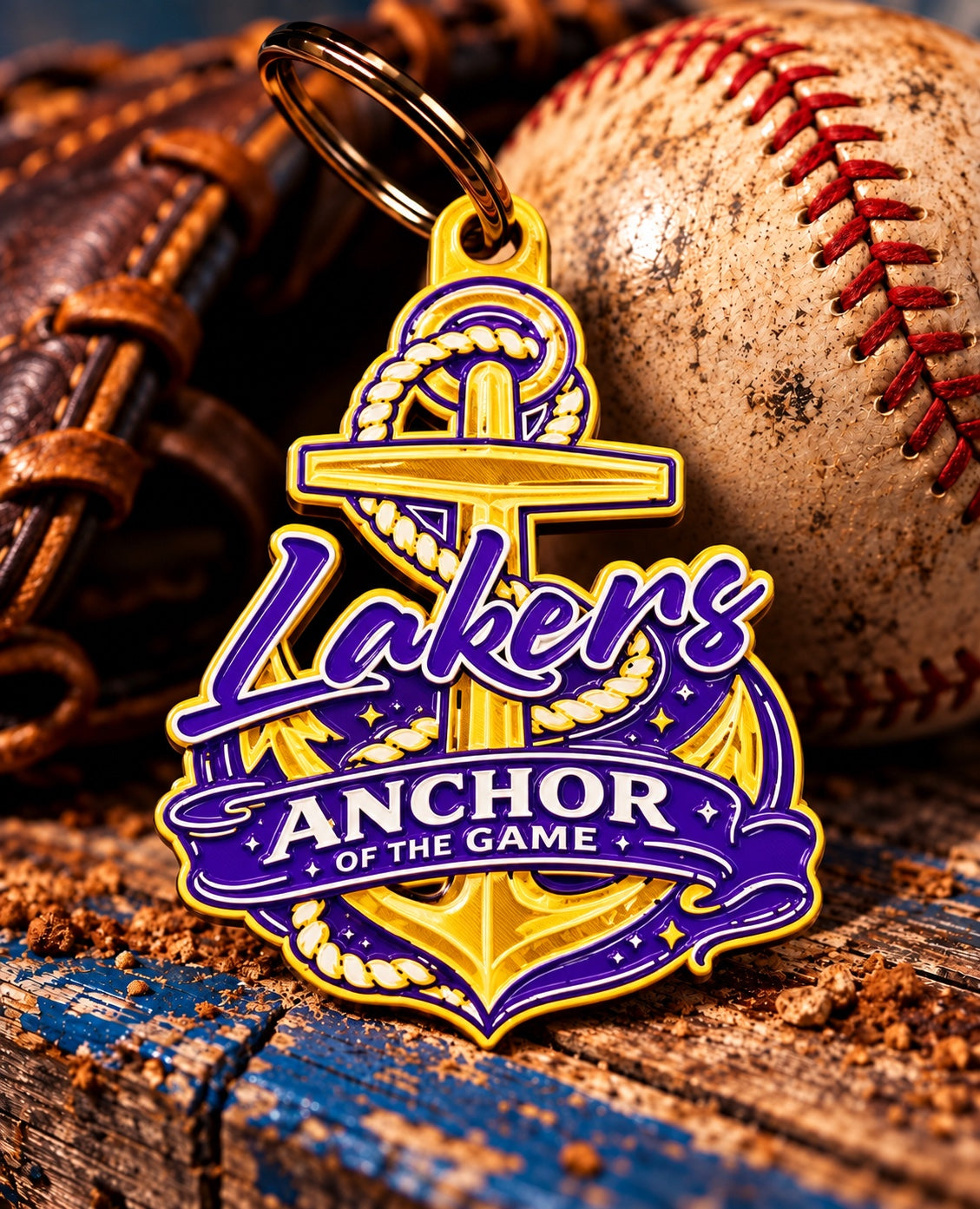 Purple and gold Millersport Lakers Anchor of the Game bag tag with key ring