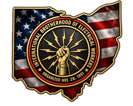 Ohio-shaped IBEW sticker with distressed American flag and gold fist emblem