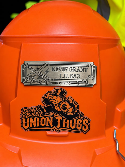 Personalized Kevin Grant L.U. 683 electrician name tag mounted on an orange hard hat; other accessories shown separately