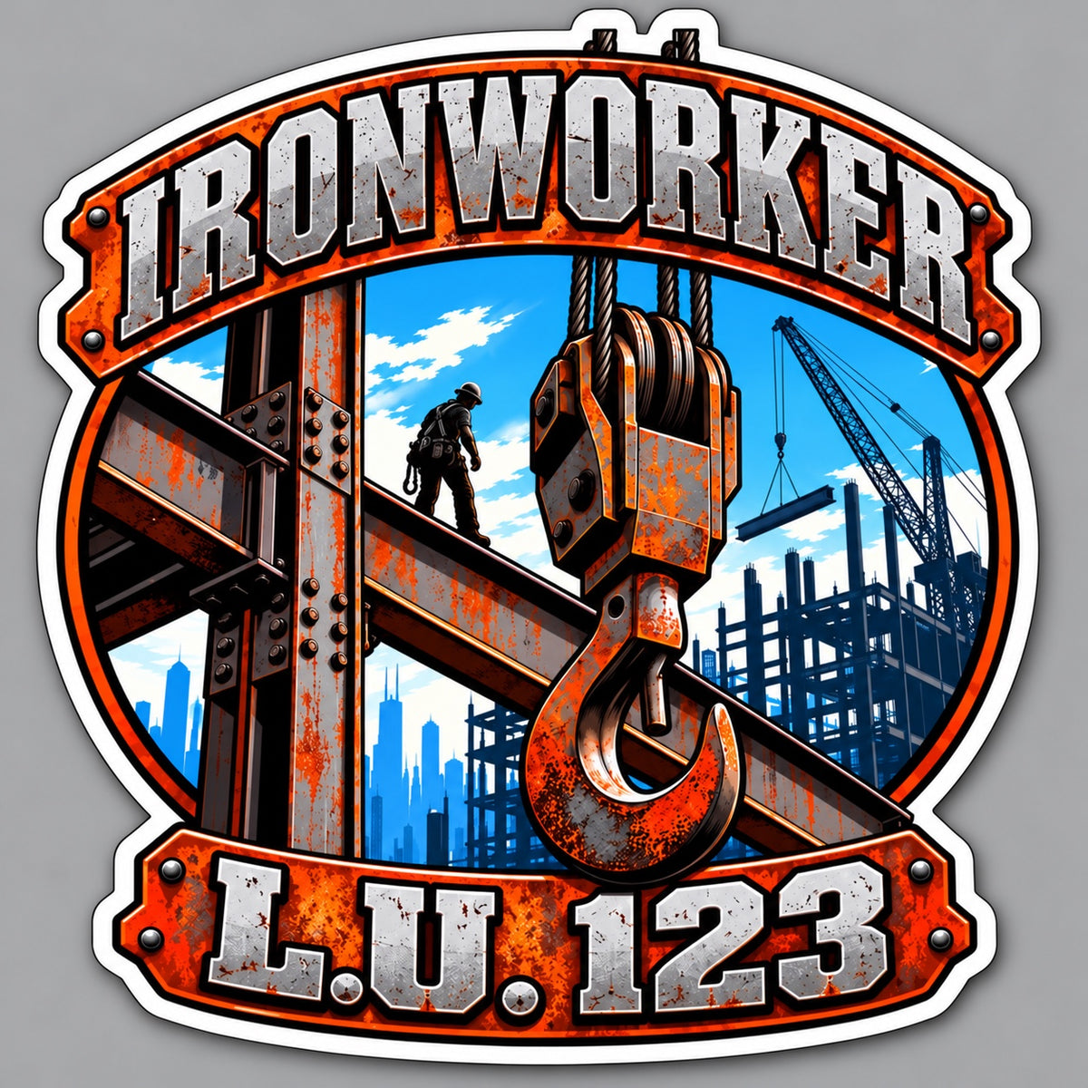 Ironworker steel construction and crane hook decal with sample L.U. 123 on gray