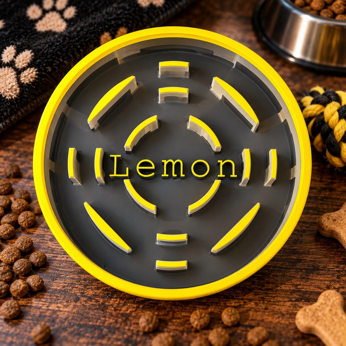 Personalized gray and yellow pet slow feeder bowl with the name Lemon