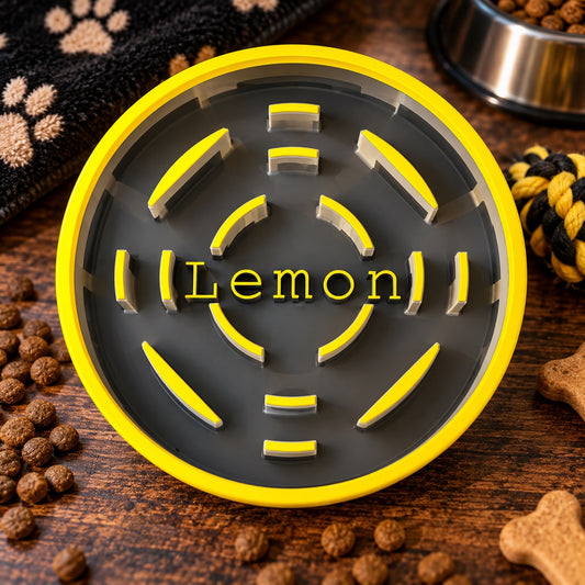 Personalized gray and yellow pet slow feeder bowl with the name Lemon