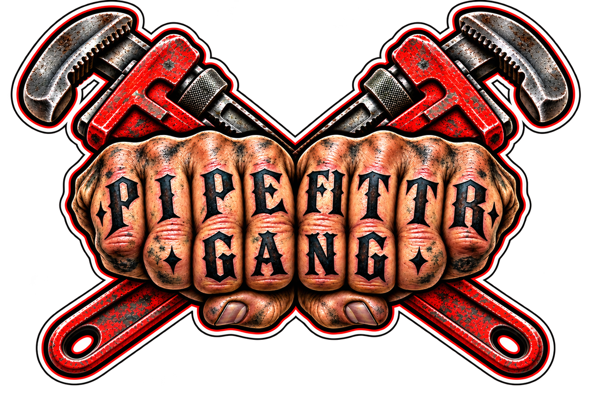 Pipefitter Gang sticker with tattooed fists and crossed red pipe wrenches