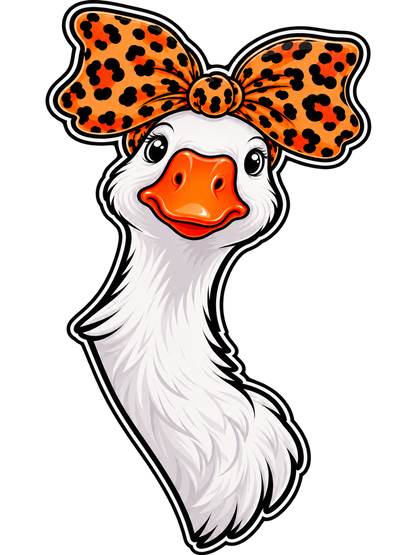 White porch goose decal with an orange leopard-print bow