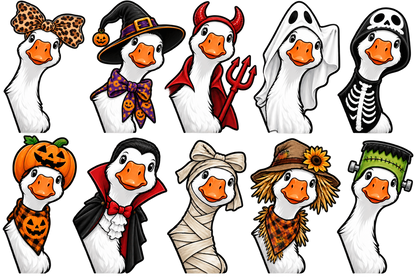 Ten porch goose designs: leopard bow, witch, devil, ghost, skeleton, pumpkin, vampire, mummy, scarecrow, and Frankenstein