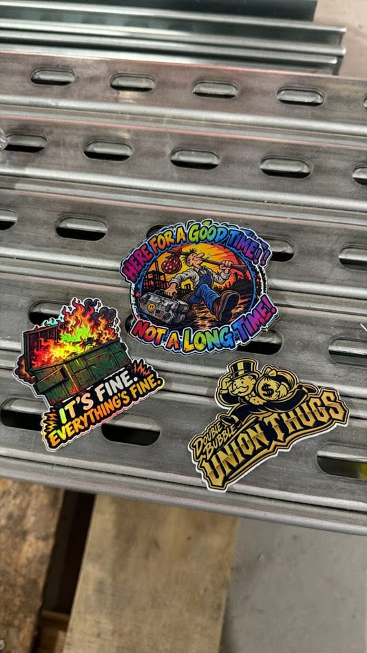 Real product photo showing the Good Time, Dumpster Fire, and Double Bubble Union Thugs decals on steel; each decal sold individually