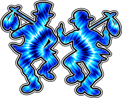 Two traveling tramp silhouettes with blue tie-dye fill and black-and-white outlines