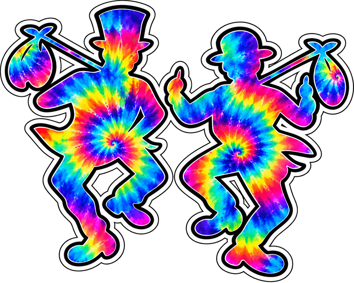 Traveler Tramps rainbow tie-dye design with two traveling figures and black-and-white outlines