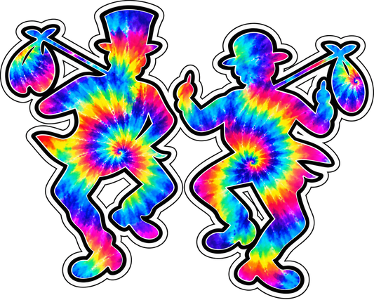 Traveler Tramps rainbow tie-dye design with two traveling figures and black-and-white outlines
