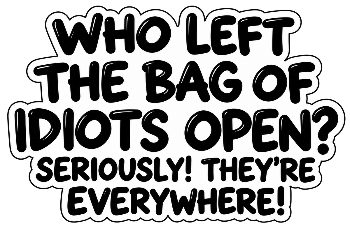 Black and white funny sticker reading Who left the bag of idiots open? Seriously! They’re everywhere!